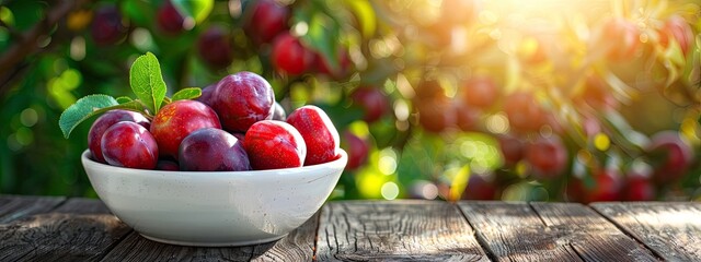 plums in a white bowl on a wooden table, nature background. Selective focus