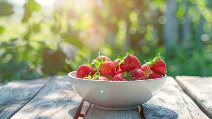 Wall Mural - strawberries in a white bowl on a wooden table nature background. Selective focus