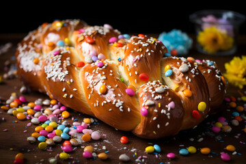 Wall Mural - italian easter bread, sweet, braided bread, colorful sprinkles. generative ai