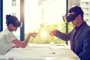 Aufkleber - Woman, man and virtual reality for architecture, blueprint and touch in metaverse, innovation and holographic ui. People, contractor and floor plan with AR goggles for 3d user experience in office