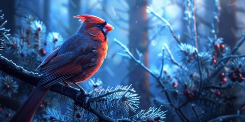 a cardinal bird sitting on a branch, a pine forest in the background, with blue underlighting