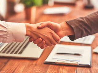 Poster - A close-up of two individuals shaking hands over a desk with documents and a laptop, wood background, concept of agreement. Generative AI