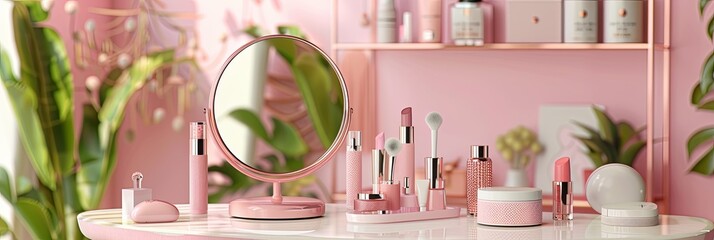 Poster - A close-up of a tabletop mirror surrounded by cosmetic products, with a pink background. Generative AI