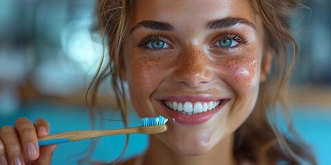 A woman with a cheerful smile holds a toothbrush, promoting dental hygiene and oral care.