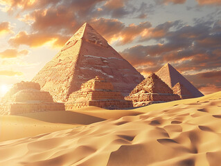 Wall Mural - Majestic ancient pyramids standing tall in the desert, illuminated by the soft light of sunrise.