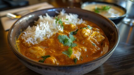 Wall Mural - A bowl of spicy chicken tikka masala with vibrant orange sauce, accompanied by basmati rice and a side of raita.