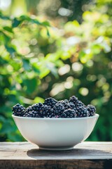 Wall Mural - Blackberry in a white bowl on a wooden table, nature background. Selective focus