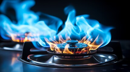 Close-up of a gas stove burner with vibrant blue flames. Ideal for cooking and energy-related concepts.