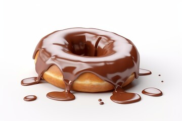 Delicious donut with glossy chocolate glaze dripping off edges, set against a clean white background, perfect for dessert presentations.