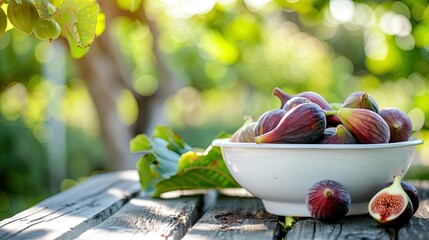 Wall Mural - figs in a white bowl on a wooden table nature background. Selective focus
