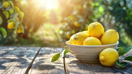 lemons in a white bowl on a wooden table nature background. Selective focus