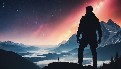 Wall Mural - Backview silhouette of a man gazing at the luminous nebula in the starry night sky