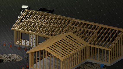 Wall Mural - under construction house site, frame structure, with large machines, seamless looping 3D blueprint animation