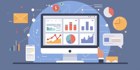 Fototapete - Business dashboard with graphs and charts on a computer screen.