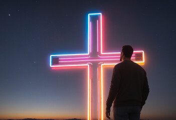 Wall Mural - Silhouette of a man staring up at a brilliant neon cross in the dark sky