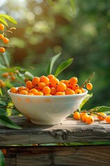 Wall Mural - buckthorn in a white bowl on a wooden table, nature background. Selective focus
