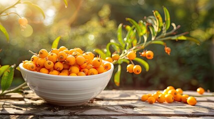 Wall Mural - buckthorn in a white bowl on a wooden table, nature background. Selective focus