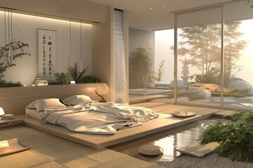 /imagine A modern Zen bedroom with a low platform bed, neutral tones, and minimal d?(C)cor. The room features a calming water fountain, soft ambient 