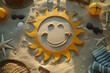 © SANA - the sun on the sand, Capture the carefree spirit of summer with a charming photo featuring a smiling sun with a happy smiley face drawn in the sand, surrounded by beach accessories, creating a delight