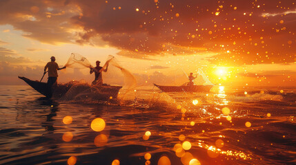 Wall Mural - Golden sunrise over serene waters with local fishermen casting nets