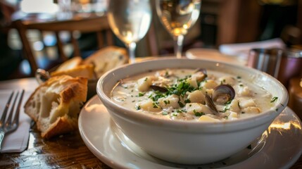 Wall Mural - A hearty bowl of New England clam chowder, served with oyster crackers and a side of bread in a seaside restaurant.