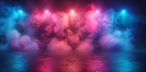 Wall Mural - A dark room with a reflective floor, filled with vivid blue and pink smoke under spotlights.