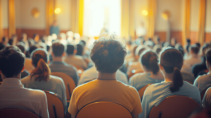 Poster - An audience in a conference room looking towards a speaker, with a warm light background, capturing the concept of learning. Generative AI