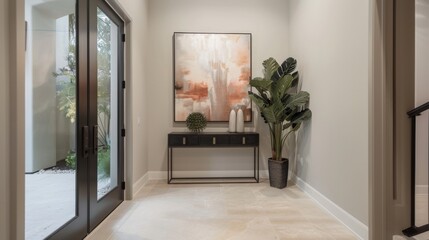 Aufkleber - A minimalist-style entrance foyer with a statement-making front door, minimalist console table, and abstract artwork, welcoming guests with style and sophistication.