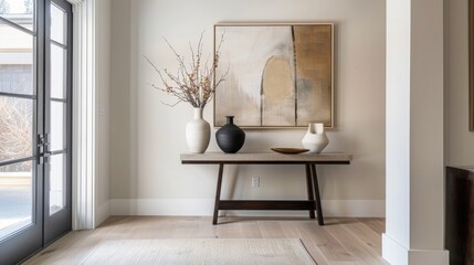 Aufkleber - A minimalist-style entrance foyer with a statement-making front door, minimalist console table, and abstract artwork, welcoming guests with style and sophistication.
