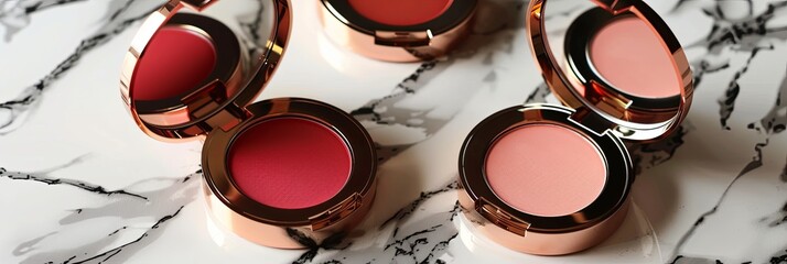Aufkleber - Close-up view of compact cases containing blush and powder, arranged on a marble surface. Generative AI