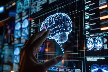 Poster - A hand interacts with a futuristic brain interface displaying neural data and graphics.