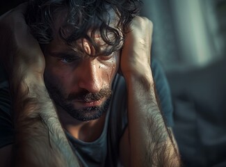 Wall Mural - A man is holding his head in pain.