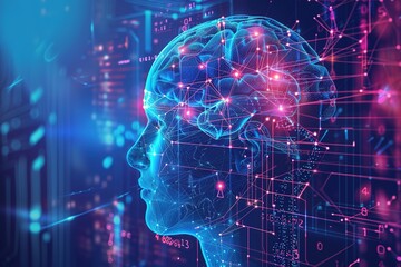 Poster - Digital representation of a human brain with neural networks and data points.