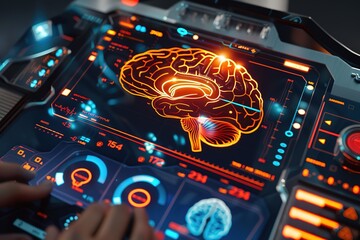 Poster - Futuristic interface displaying a glowing brain with data analytics.