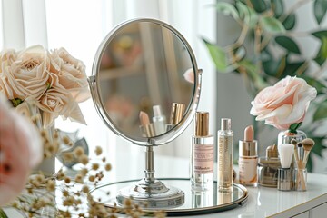 Poster - A tabletop mirror with a silver stand is surrounded by various cosmetic products and flowers on a vanity table. Generative AI