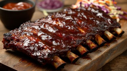 Wall Mural - A mouthwatering rack of ribs with barbecue sauce and coleslaw, served in a rustic American barbecue joint.