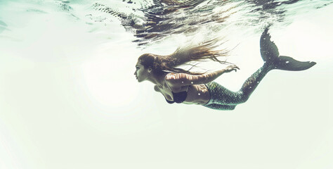 Wall Mural - Beautiful mermaid swimming underwater in deep sea.