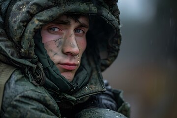 Portrait of a young soldier in the rain