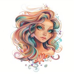 Wall Mural - Vector illustration head portrait of a beautiful mermaid. Cartoon character.