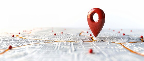 Close-up of a red location pin on a detailed city map, representing navigation, geography, and destination markers.