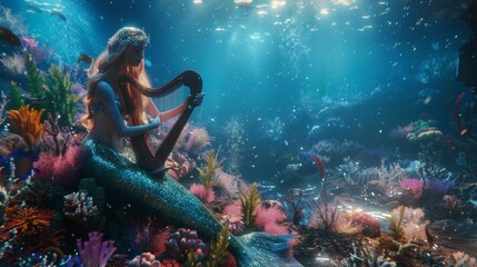 Wall Mural - Beautiful mermaid playing with harp underwater in deep sea.
