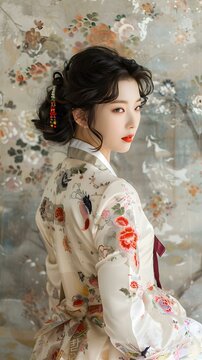a beautiful korean woman wearing a hanbok, a traditional korean dress