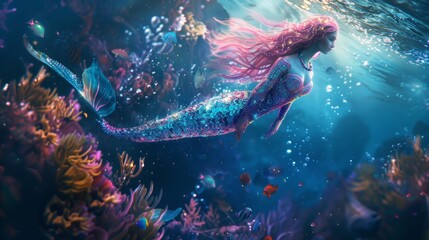 Wall Mural - Beautiful mermaid swimming underwater in deep sea.