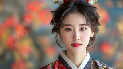 Poster - Portrait of a beautiful young woman in traditional Korean dress, or Hanbok