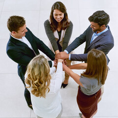 Aufkleber - Circle, top view and business people with hand stack for teamwork, partnership and support for collaboration. Corporate diversity, staff hands and synergy with cooperation and team building in office