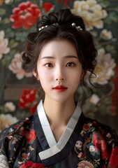 Poster - Portrait of a young woman in traditional Korean dress, or Hanbok