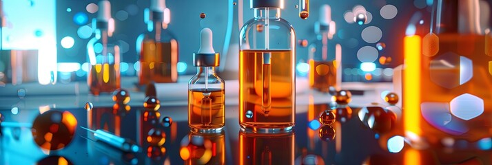 Aufkleber - Close-up shot of glass bottles filled with serum and droplets of liquid on a laboratory tabletop. Generative AI