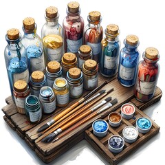 Art workshop with an array of paints, brushes, and craft materials, illustration graphic AI