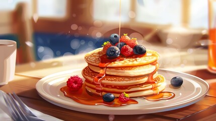 Poster - A plate of fluffy pancakes topped with fresh berries and maple syrup, served in a cozy breakfast diner.