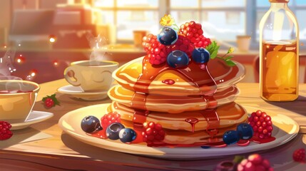 Poster - A plate of fluffy pancakes topped with fresh berries and maple syrup, served in a cozy breakfast diner.